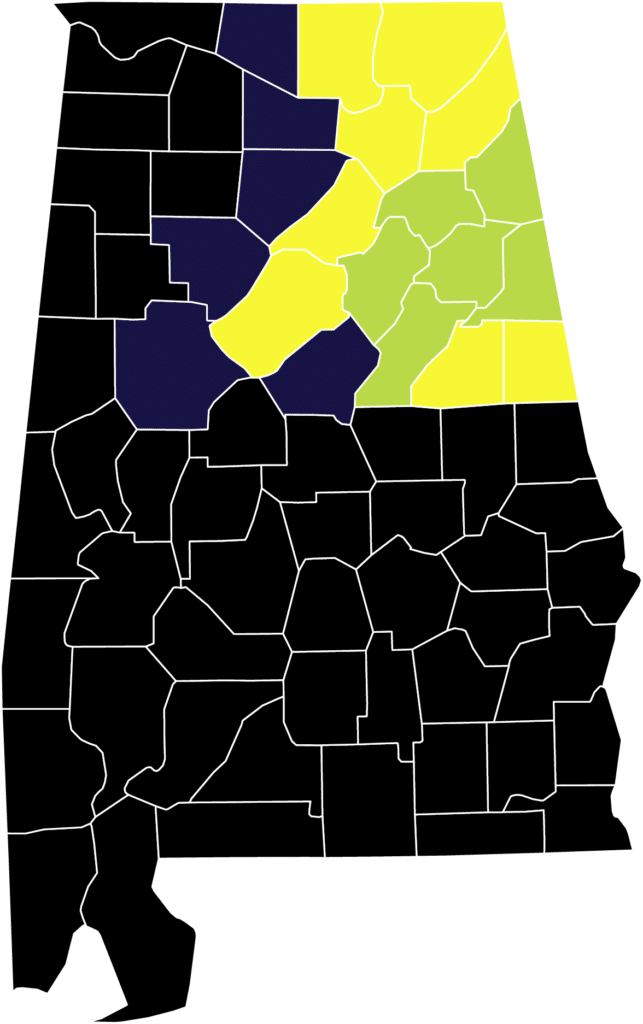 Septic tank pumping service area map showing same-day, next-day, and 2-day service zones in Alabama