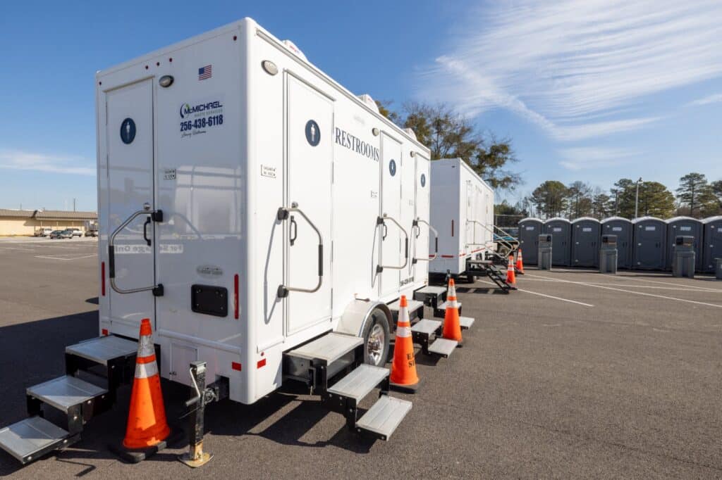 restroom trailer rental fleet Birmingham Alabama event McMichael Waste Services